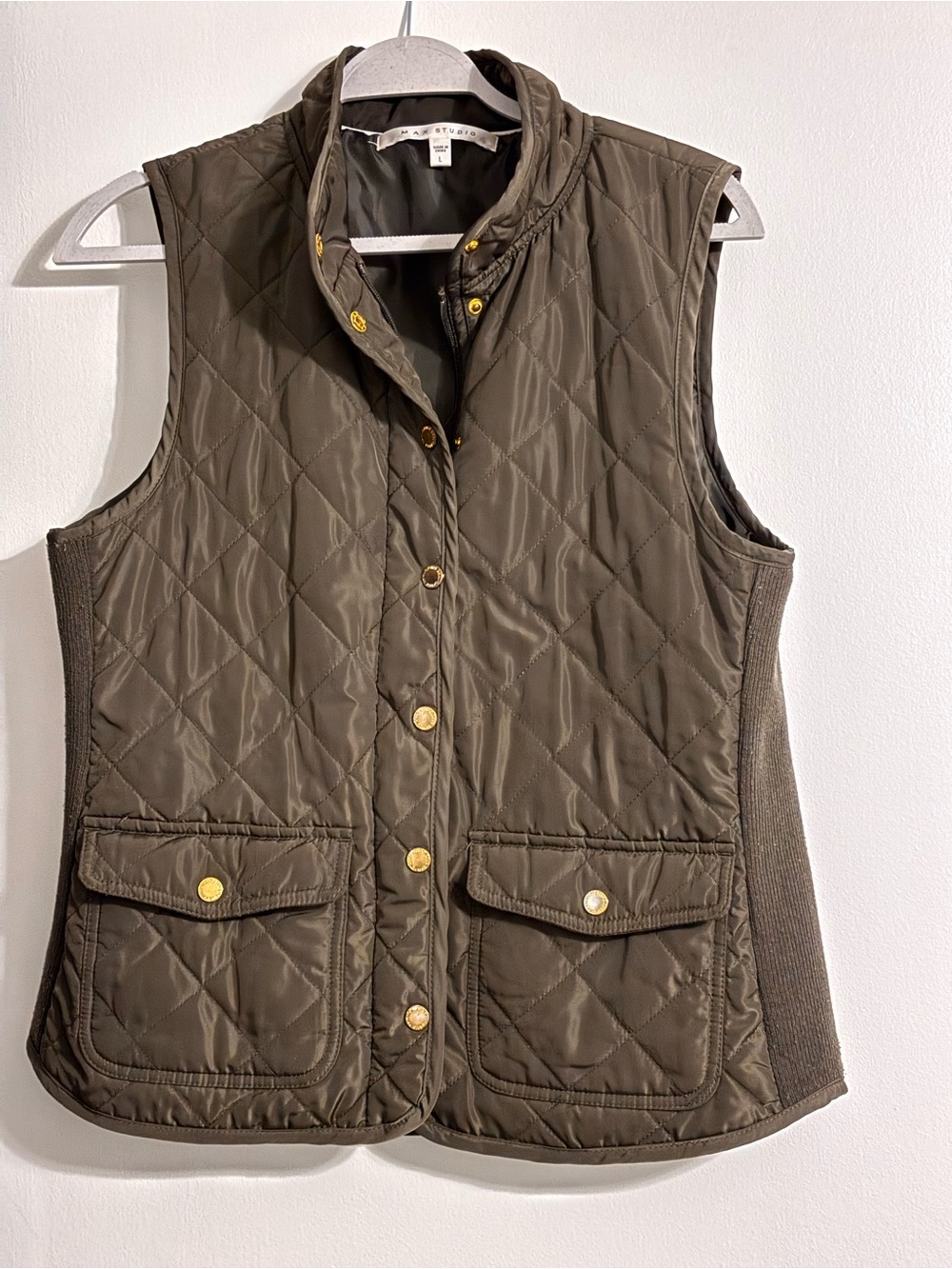 Max Studio Quilted Olive Vest with Gold-Tone Buttons